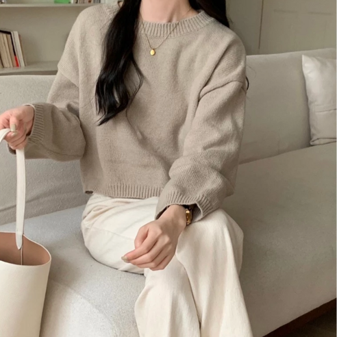 女款 奶茶系短版毛衣 暖呼呼素面短版 長袖針織毛衣